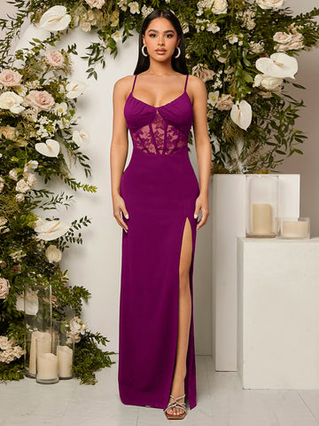 Contrast Lace Split Thigh Cami Bridesmaid Dress