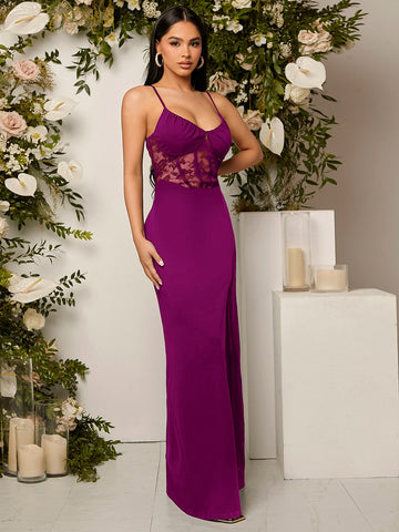 Contrast Lace Split Thigh Cami Bridesmaid Dress