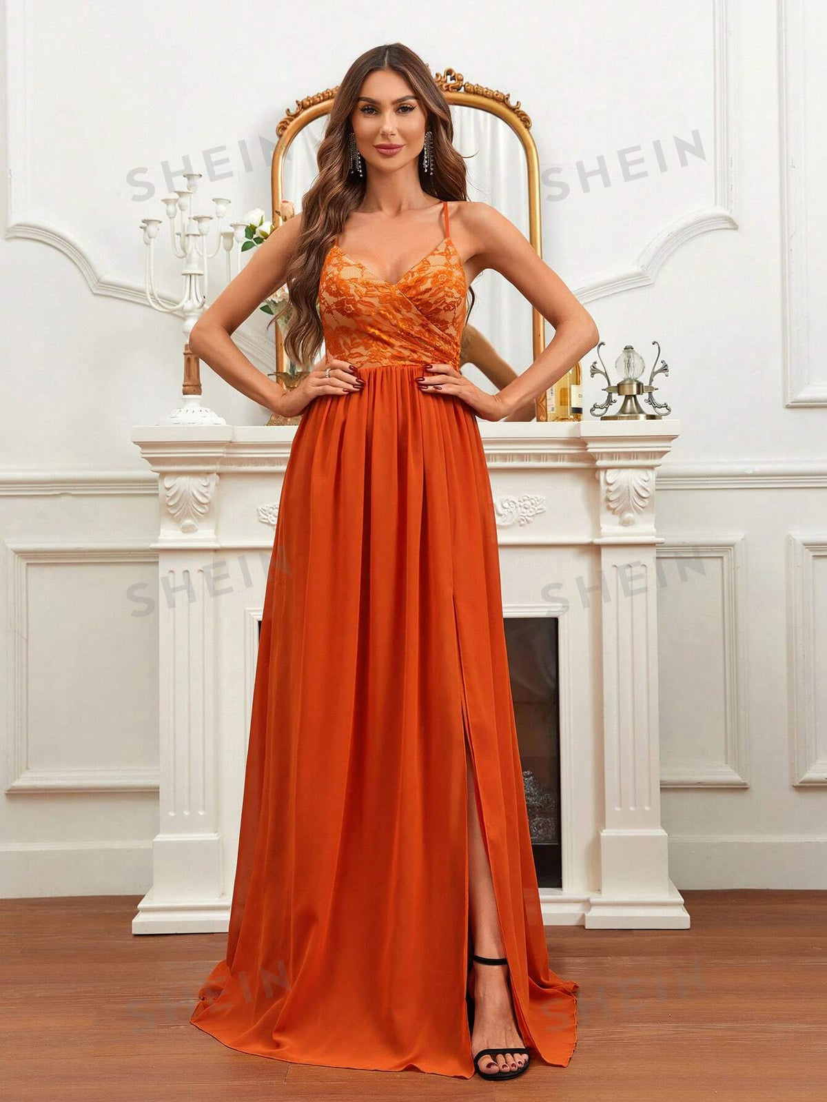 Contrast Lace Split Thigh Chiffon Bridesmaid Dress