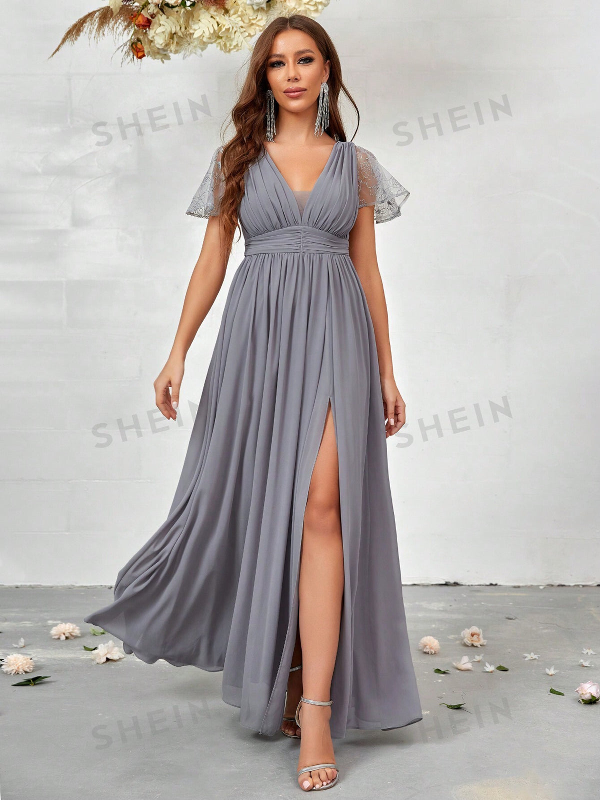 Contrast Lace Split Thigh Chiffon Bridesmaid Dress