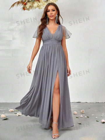 Contrast Lace Split Thigh Chiffon Bridesmaid Dress