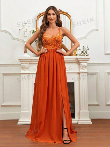 Contrast Lace Split Thigh Chiffon Bridesmaid Dress