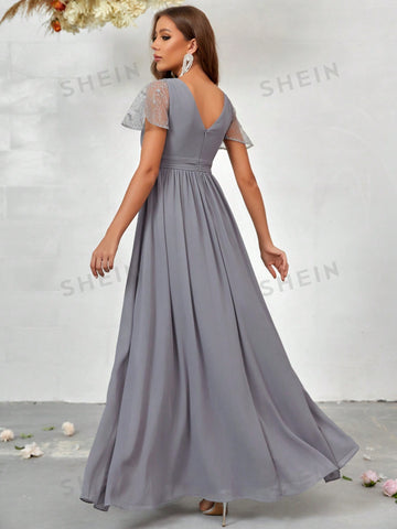 Contrast Lace Split Thigh Chiffon Bridesmaid Dress