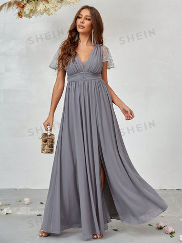 Contrast Lace Split Thigh Chiffon Bridesmaid Dress