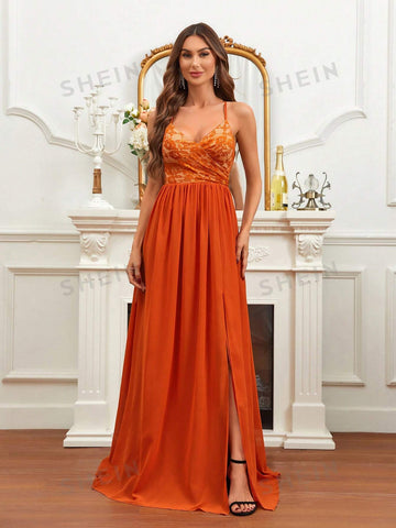 Contrast Lace Split Thigh Chiffon Bridesmaid Dress