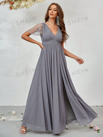 Contrast Lace Split Thigh Chiffon Bridesmaid Dress