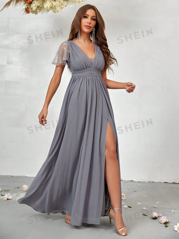 Contrast Lace Split Thigh Chiffon Bridesmaid Dress