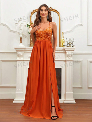 Contrast Lace Split Thigh Chiffon Bridesmaid Dress