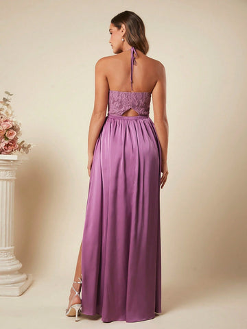 Belle Contrast Lace Split Thigh Halter Bridesmaid Dress
