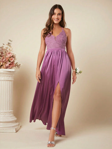 Belle Contrast Lace Split Thigh Halter Bridesmaid Dress