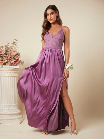 Belle Contrast Lace Split Thigh Halter Bridesmaid Dress