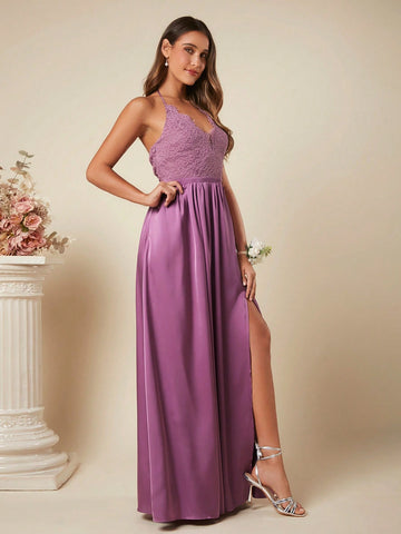 Belle Contrast Lace Split Thigh Halter Bridesmaid Dress