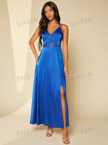 Contrast Lace Split Thigh Satin Cami Bridesmaid Dress