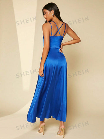 Contrast Lace Split Thigh Satin Cami Bridesmaid Dress