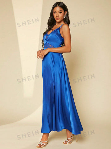 Contrast Lace Split Thigh Satin Cami Bridesmaid Dress