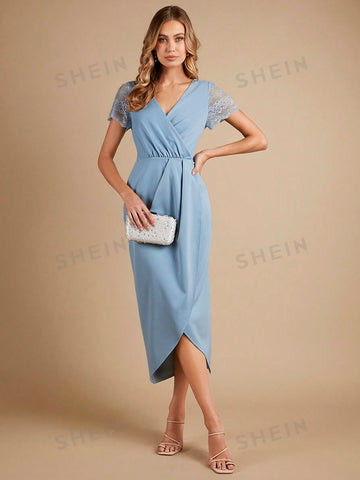 Contrast Lace Wrap Hem Bridesmaid Dress