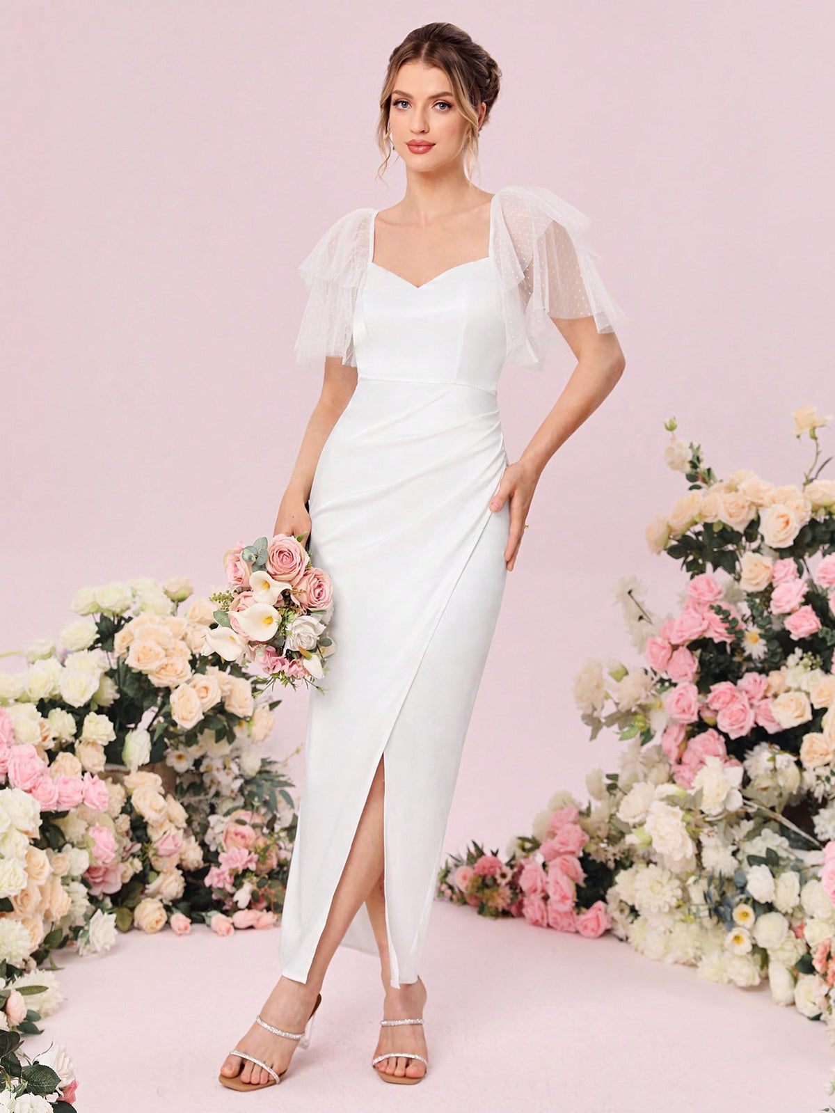 Contrast Mesh Butterfly Sleeve Wrap Hem Wedding Dress