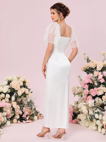Contrast Mesh Butterfly Sleeve Wrap Hem Wedding Dress