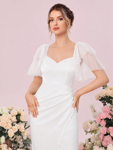 Contrast Mesh Butterfly Sleeve Wrap Hem Wedding Dress