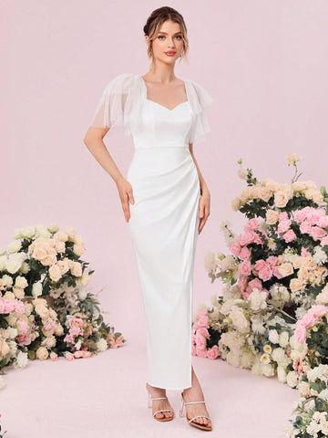 Contrast Mesh Butterfly Sleeve Wrap Hem Wedding Dress