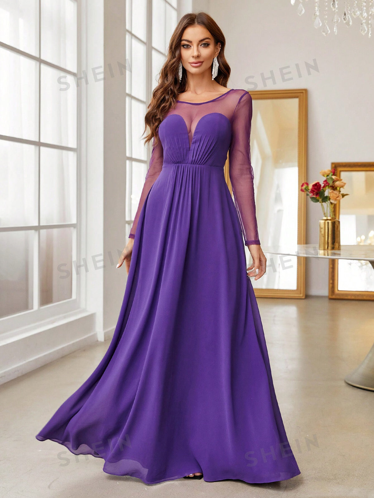 Contrast Mesh Chiffon Bridesmaid Dress