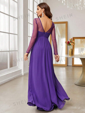 Contrast Mesh Chiffon Bridesmaid Dress