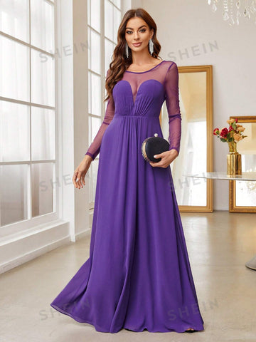 Contrast Mesh Chiffon Bridesmaid Dress