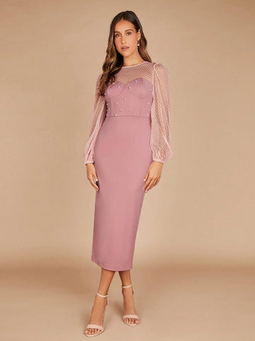Belle Contrast Mesh Lantern Sleeve Split Back Bridesmaid Dress