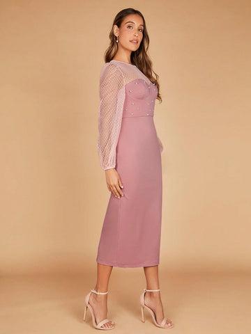 Belle Contrast Mesh Lantern Sleeve Split Back Bridesmaid Dress