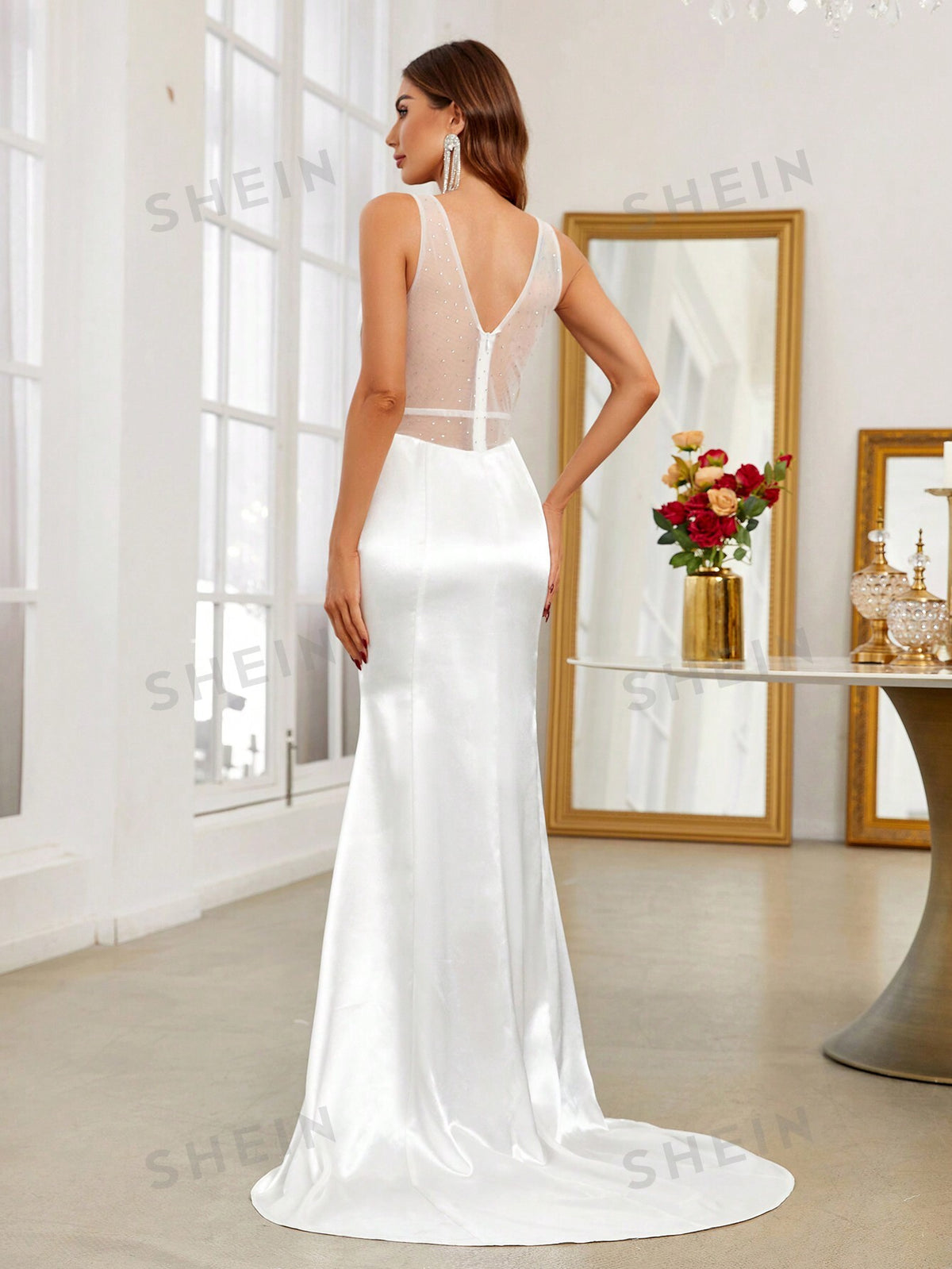 Contrast Mesh Mermaid Hem Wedding Dress Without Veil