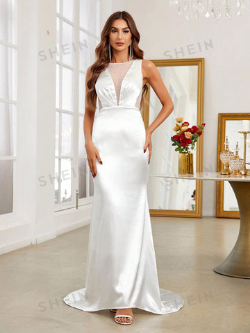 Contrast Mesh Mermaid Hem Wedding Dress Without Veil