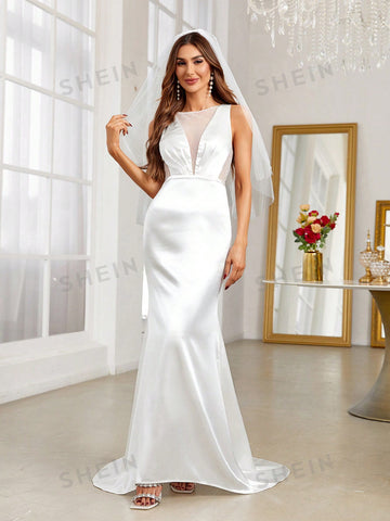 Contrast Mesh Mermaid Hem Wedding Dress Without Veil
