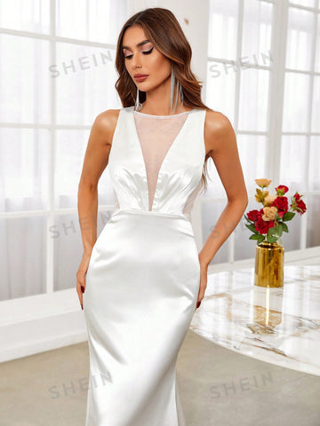 Contrast Mesh Mermaid Hem Wedding Dress Without Veil