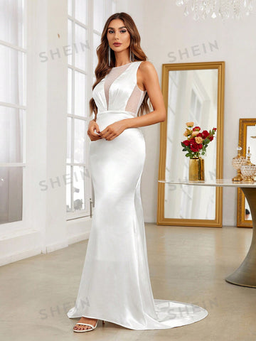Contrast Mesh Mermaid Hem Wedding Dress Without Veil