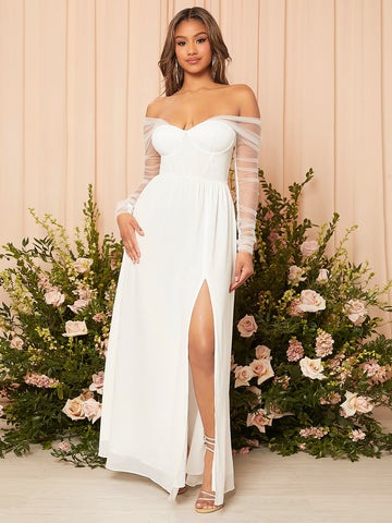 Contrast Mesh Split Thigh Bustier Chiffon Wedding Dress