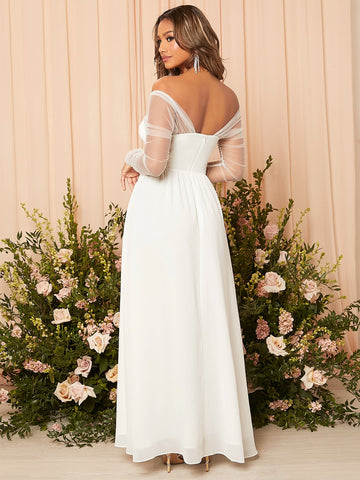 Contrast Mesh Split Thigh Bustier Chiffon Wedding Dress