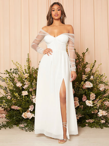 Contrast Mesh Split Thigh Bustier Chiffon Wedding Dress