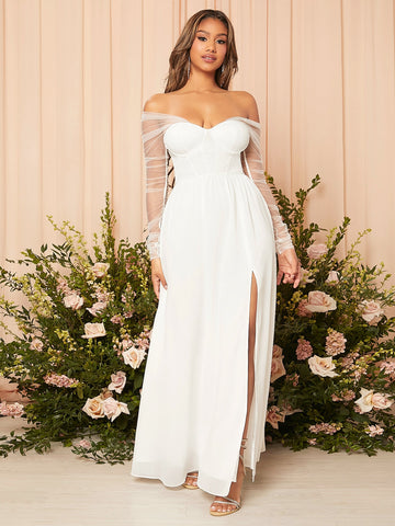 Contrast Mesh Split Thigh Bustier Chiffon Wedding Dress