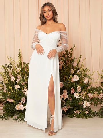 Contrast Mesh Split Thigh Bustier Chiffon Wedding Dress