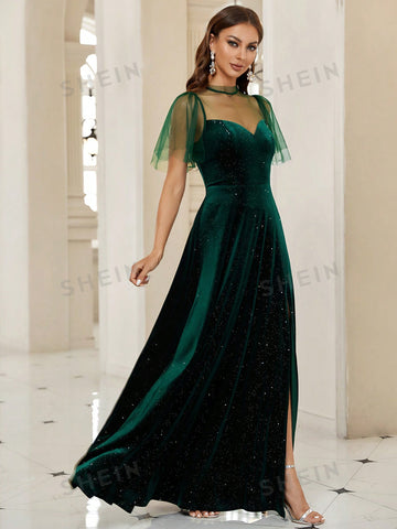 Contrast Mesh Split Thigh Velvet Bridesmaid Dress