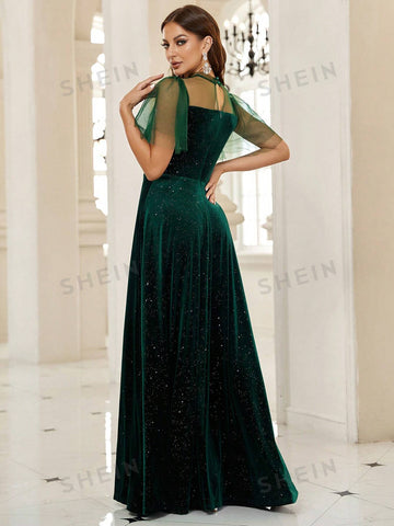 Contrast Mesh Split Thigh Velvet Bridesmaid Dress