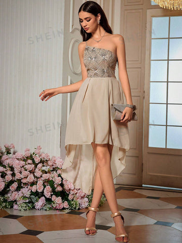 Contrast Sequin High Low Hem Tube Bridesmaid Dress