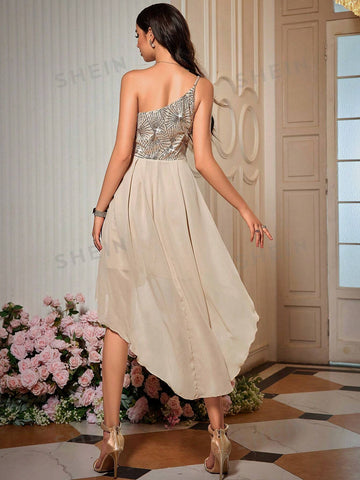 Contrast Sequin High Low Hem Tube Bridesmaid Dress