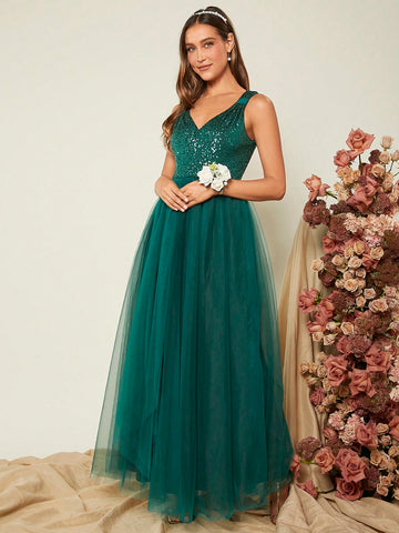 Belle Contrast Sequin Mesh Hem Bridesmaid Dress