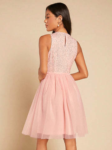 Contrast Sequin Mesh Overlay Dress