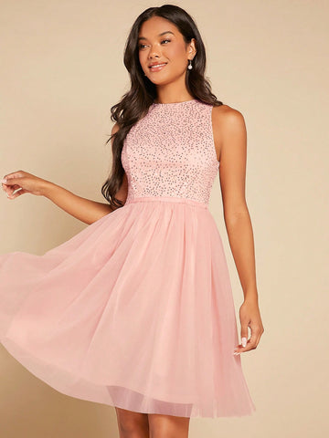 Contrast Sequin Mesh Overlay Dress