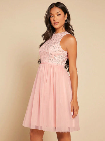 Contrast Sequin Mesh Overlay Dress