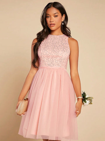 Contrast Sequin Mesh Overlay Dress