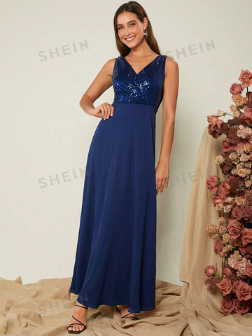 Contrast Sequin V Neck Dress