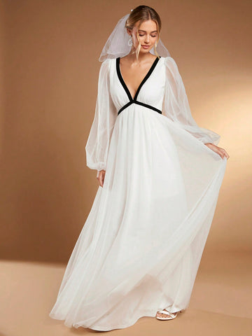 Belle Contrast Tape Mesh Overlay Maxi Wedding Dress Without Veil